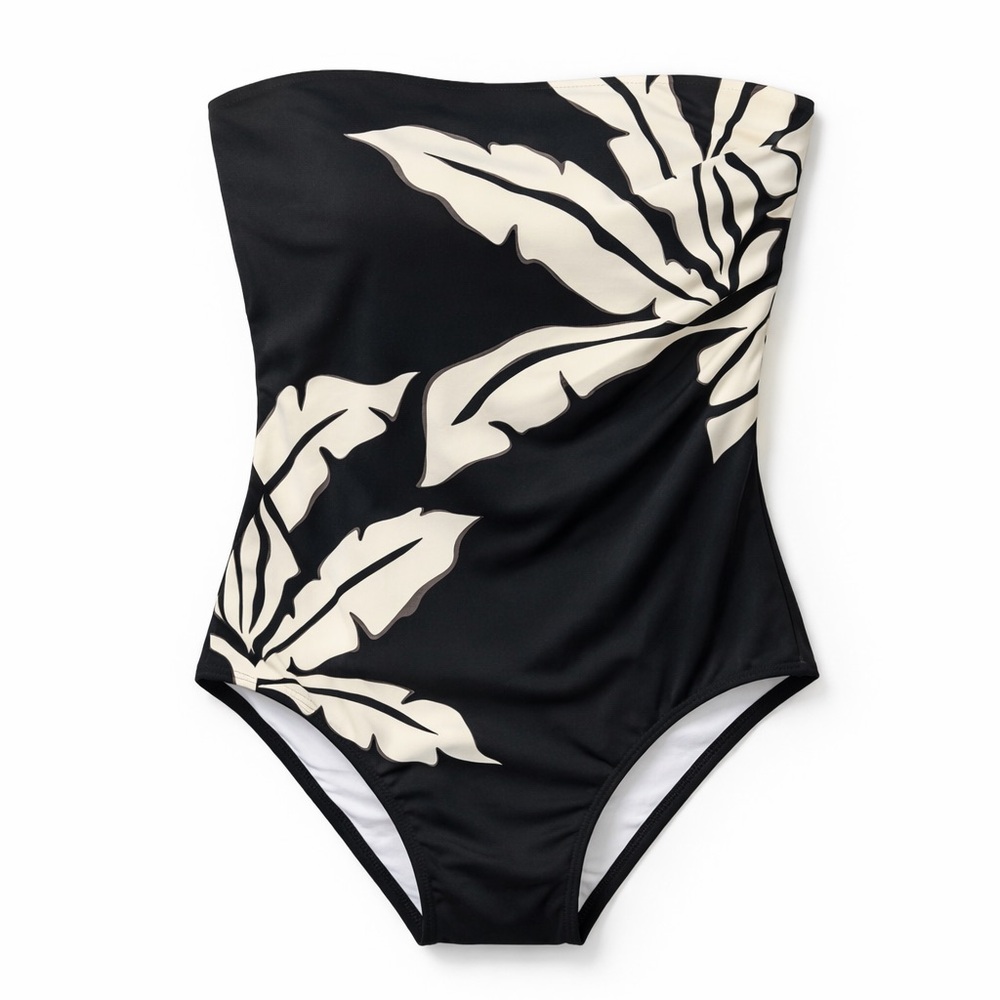 Black Tropical Palm Strapless One Piece Swimsuit Bandeau Vacation XL